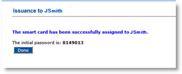 Issuance to JSmith dialog box displaying success message and initial password